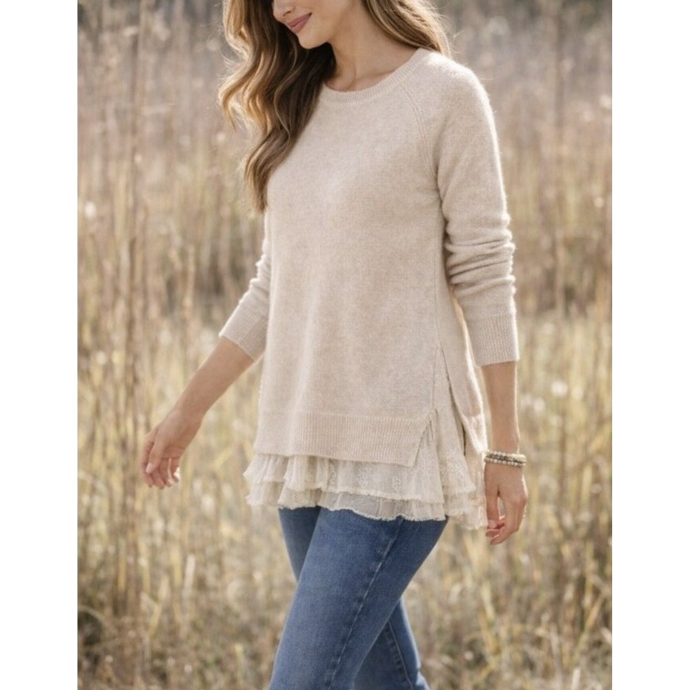 Garnet Hill 100% Cashmere Lace Sweater S Beige Layered Coquette Lagenlook Chic